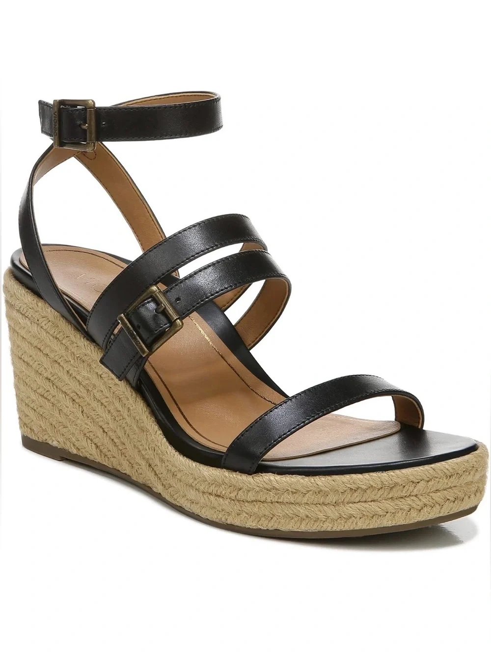 Vionic Sabina Size 10 Black Leather Espadrille Wedge Sandals Strappy Comfort New